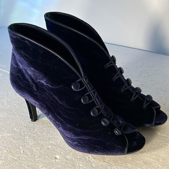 Impo SZ 8.5 Vintage Royal Blue velvet peep toe bootie heel unique romantic event - Picture 2 of 10